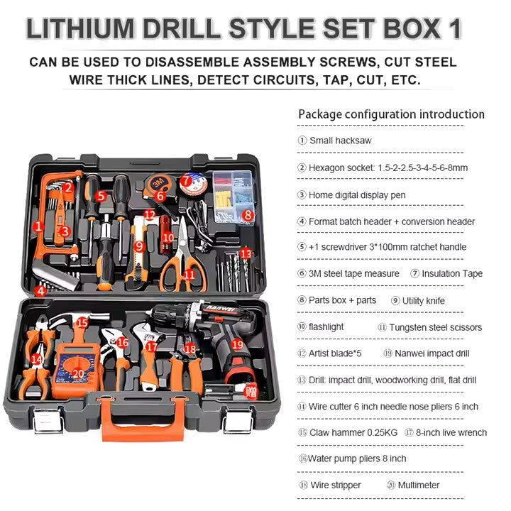 Home DIY lithium cordless drill set with plastic set